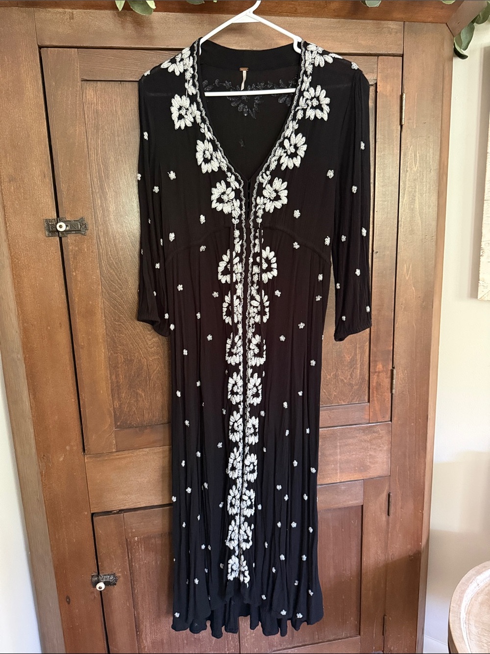 Free People Black Embroidered V-Neck Maxi Dress with White Floral Trim
